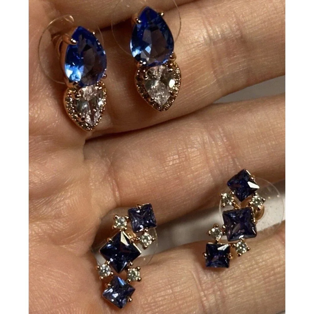 2Pc Blue Crystal Earrings Lot Rose Gold Tone Studs Elegant Gift Jewelry